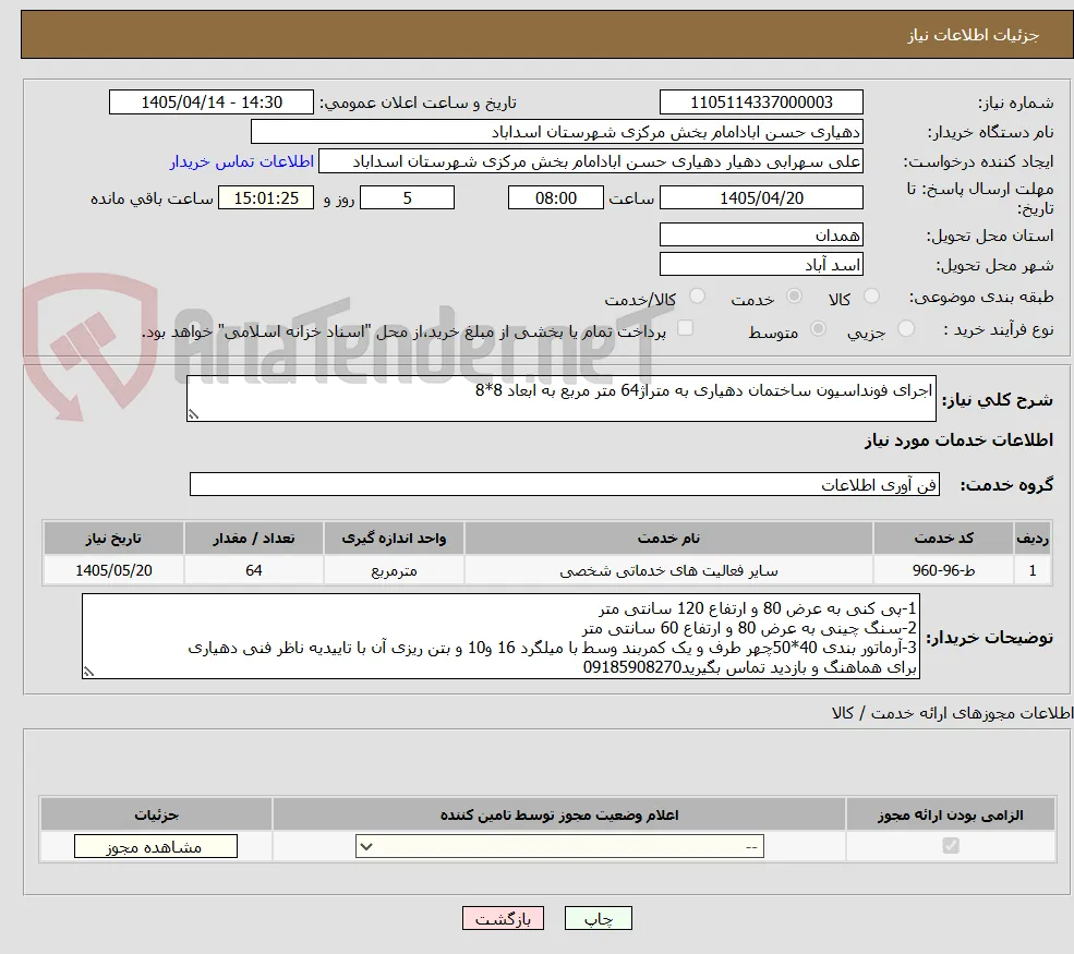 اجرای فونداسیون ساختمان دهیاری به متراژ64 متر مربع به ابعاد 8*8