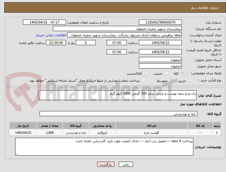 ران مرغ بدون پوست و چربی سایز 300 گرمی 1000 کیلو گرم 