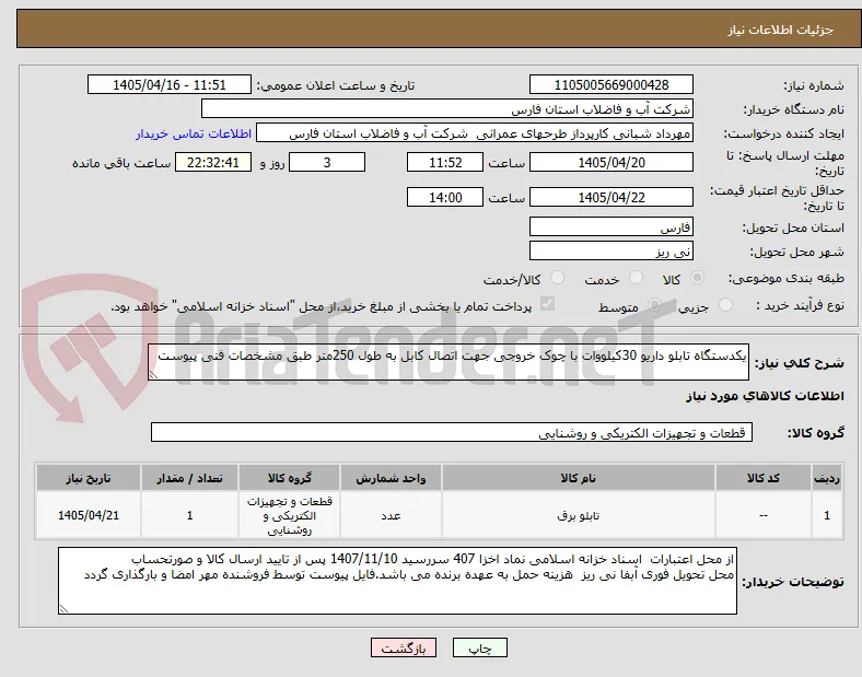 یکدستگاه تابلو داریو 30کیلووات با چوک خروجی جهت اتصال کابل به طول 250متر طبق مشخصات فنی پیوست
