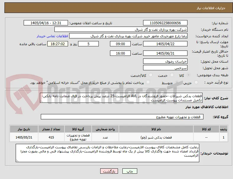 قطعات یدکی شیرآلات -حضور فروشندگان در AVL الزامیست-25 درصد پیش پرداخت در قبال ضمانت نامه بانکی-تکمیل مستندات پیوست الزامیست