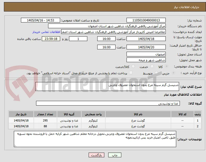 شنیسل گرم سینه مرغ بدون استخوان غضروف وچربی