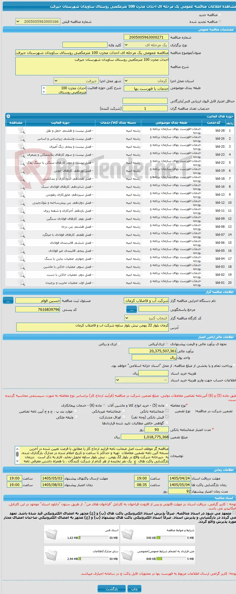 مناقصه عمومی یک مرحله ای احداث مخزن 100 مترمکعبی روستای ساویدان شهرستان جیرفت