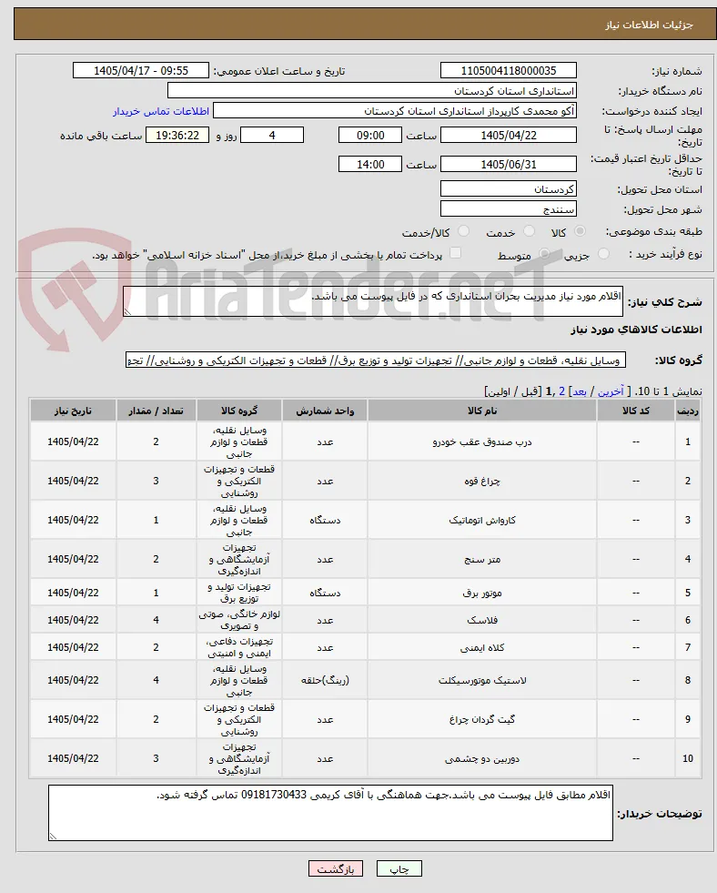 اقلام مورد نیاز مدیریت بحران استانداری که در فایل پیوست می باشد.