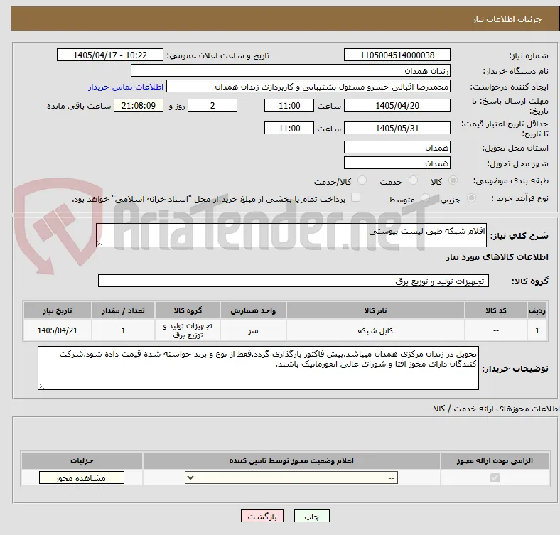 اقلام شبکه طبق لیست پیوستی