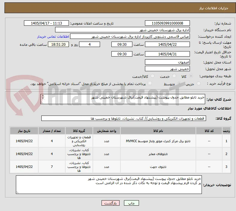 خرید تابلو مطابق جدول پیوست (پیشنهاد قیمت)برق شهرستان خمینی شهر

پرداخت در بازه زمانی یکساله می باشد
