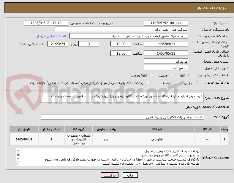 خرید دریچه بازدید لوله پلیکا، سنسور نوری، تابلو گالوانیزه و چراغ پروژکتوری و ... مطابق با لیست پیوست