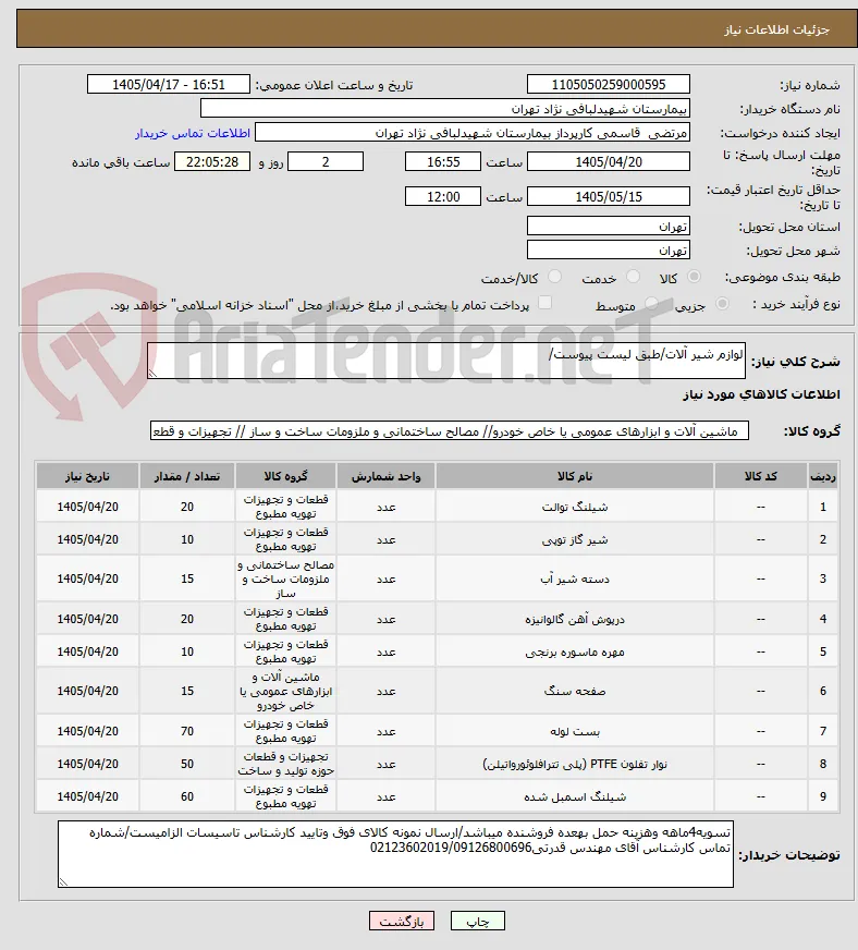 لوازم شیر آلات/طبق لیست پیوست/