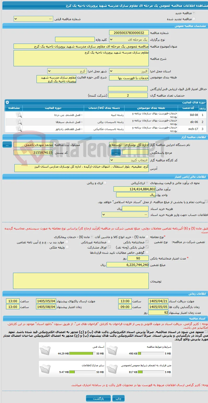 مناقصه عمومی یک مرحله ای مقاوم سازی مدرسه شهید پرویزیان ناحیه یک کرج