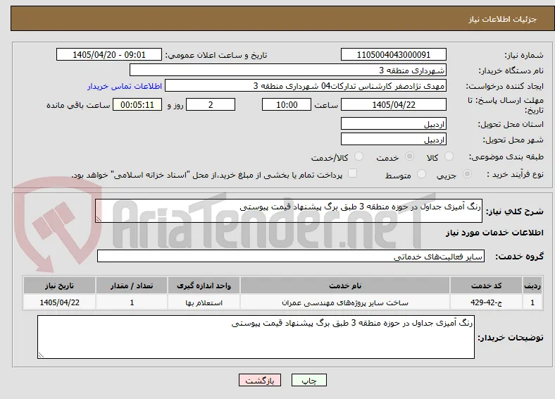 رنگ آمیزی جداول در حوزه منطقه 3 طبق برگ پیشنهاد قیمت پیوستی
