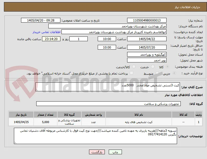 کیت 3تستی تشخیص مواد مخدر   5000عدد