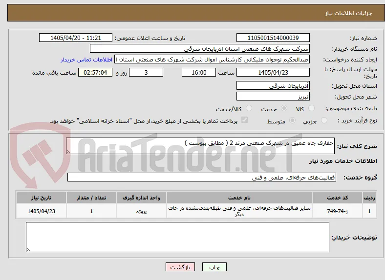 حفاری چاه عمیق در شهرک صنعتی مرند 2 ( مطابق پیوست ) 