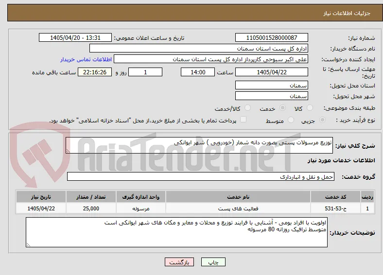 توزیع مرسولات پستی بصورت دانه شمار (خودرویی ) شهر ایوانکی