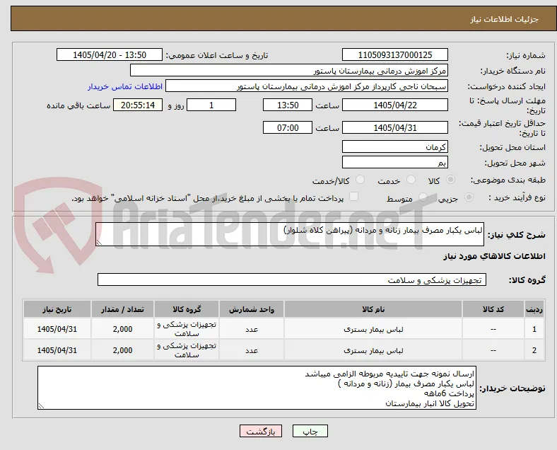 لباس یکبار مصرف بیمار زنانه و مردانه (پیراهن کلاه شلوار)