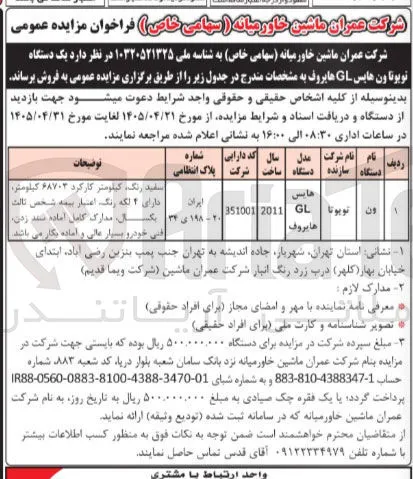 فروش یک دستگاه خودرو تویوتا ون هایس GL هایروف