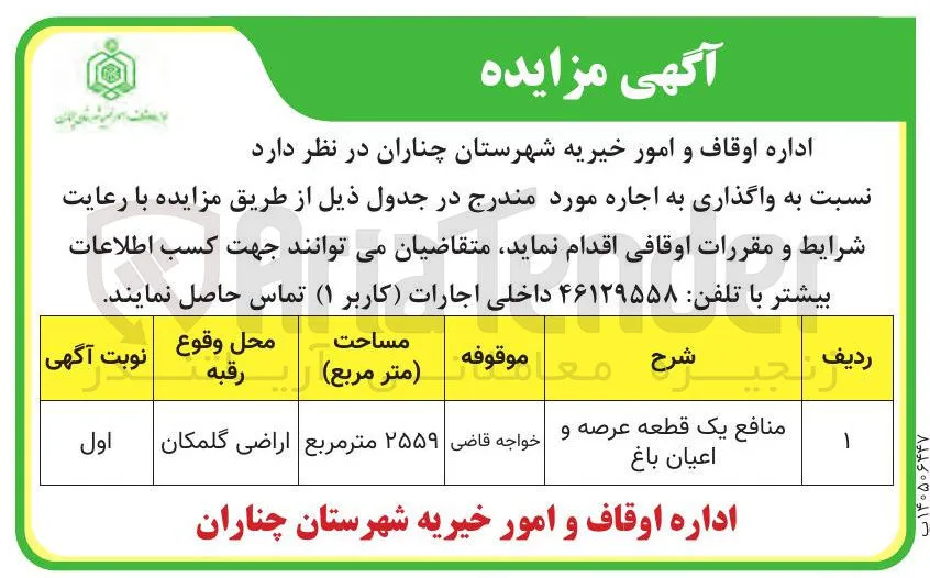 واگذاری به اجاره منافع یک قطعه عرصه و اعیان باغ 
