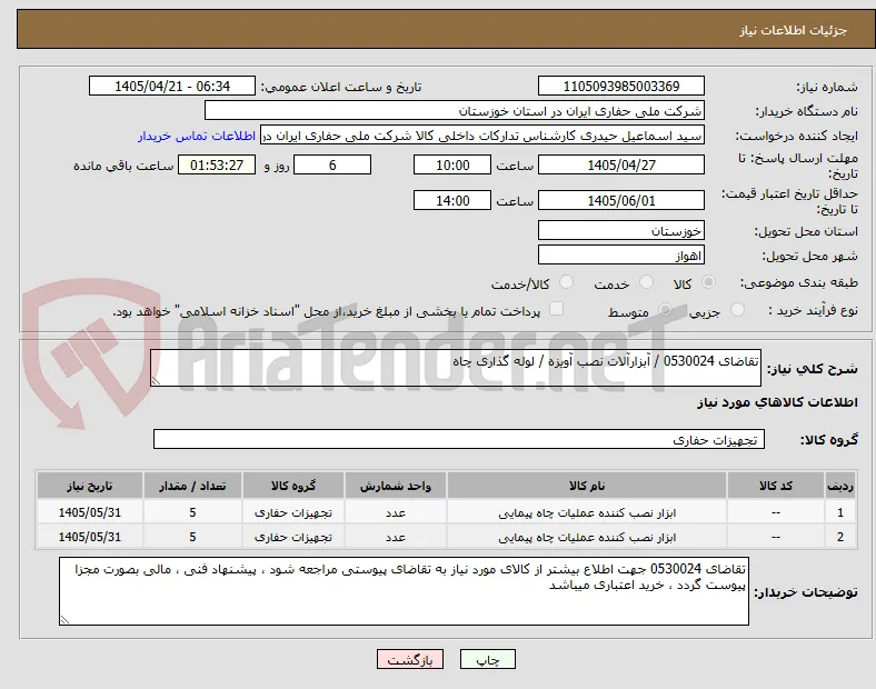 تقاضای 0530024 / آبزارآلات نصب آویزه / لوله گذاری چاه