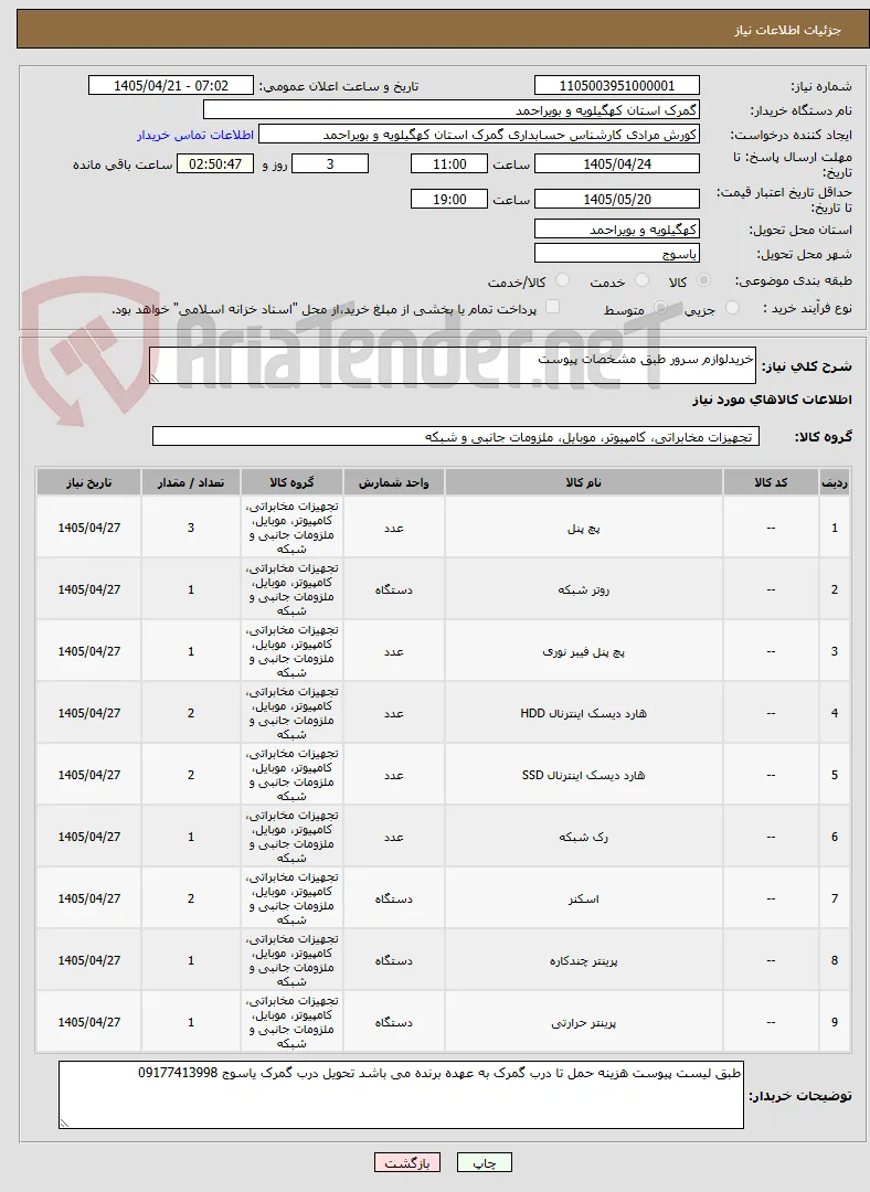 خریدلوازم سرور طبق مشخصات پیوست