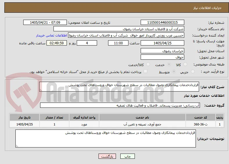 قراردادخدمات پیمانکاری وصول مطالبات در سطح شهرستان خواف وروستاهای تحت پوشش