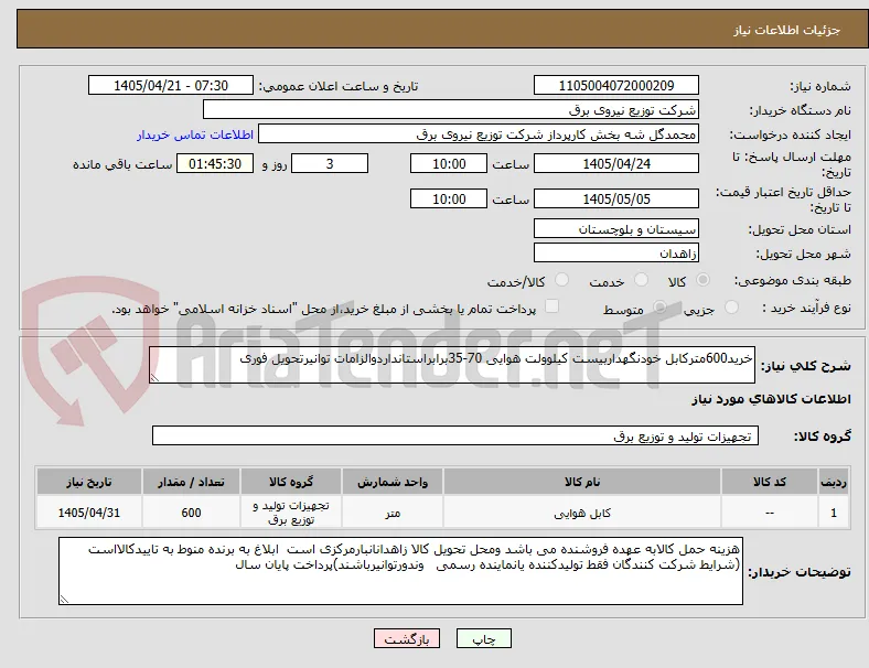 خرید600مترکابل خودنگهداربیست کیلوولت هوایی 70-35برابراستانداردوالزامات توانیرتحویل فوری