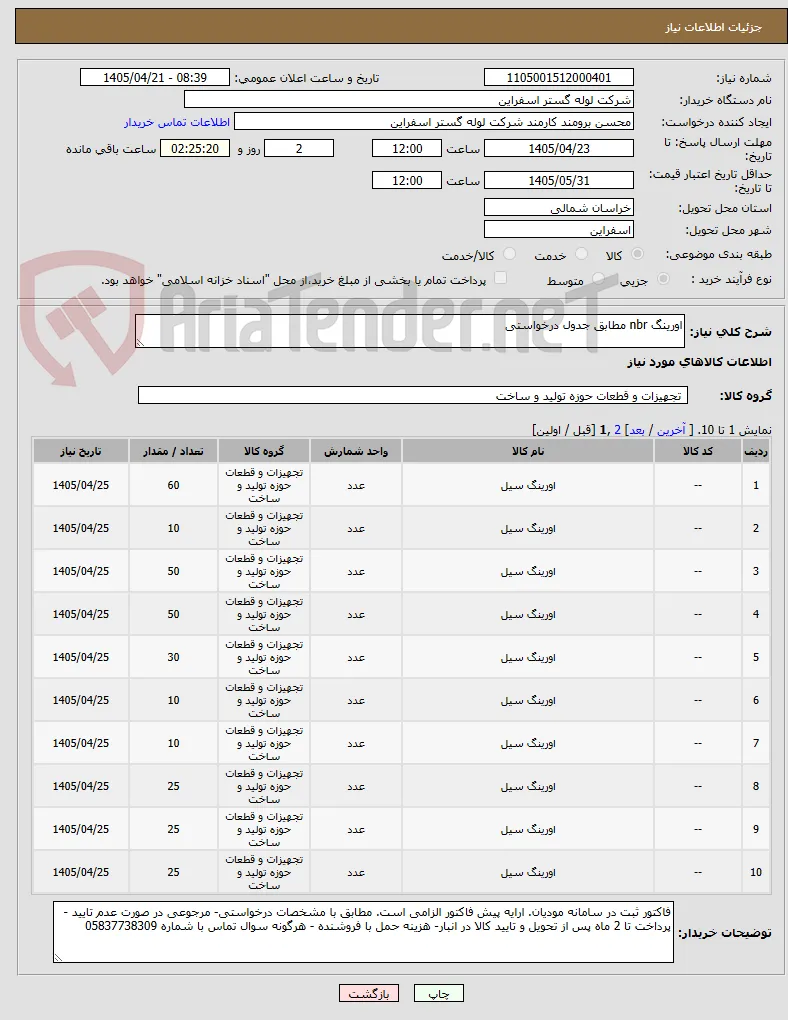 اورینگ nbr مطابق جدول درخواستی