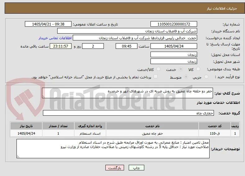حفر دو حلقه چاه عمیق به روش ضربه ای در شهرهای ابهر و خرمدره