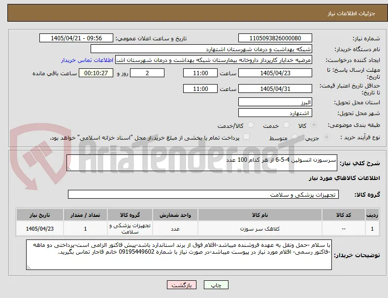 سرسوزن انسولین 4-5-6 از هر کدام 100 عدد 