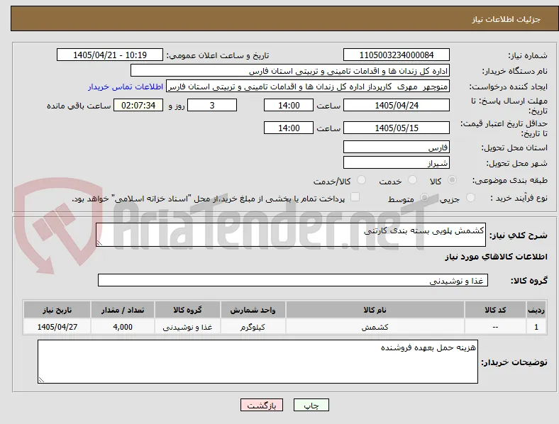 کشمش پلویی بسته بندی کارتنی 