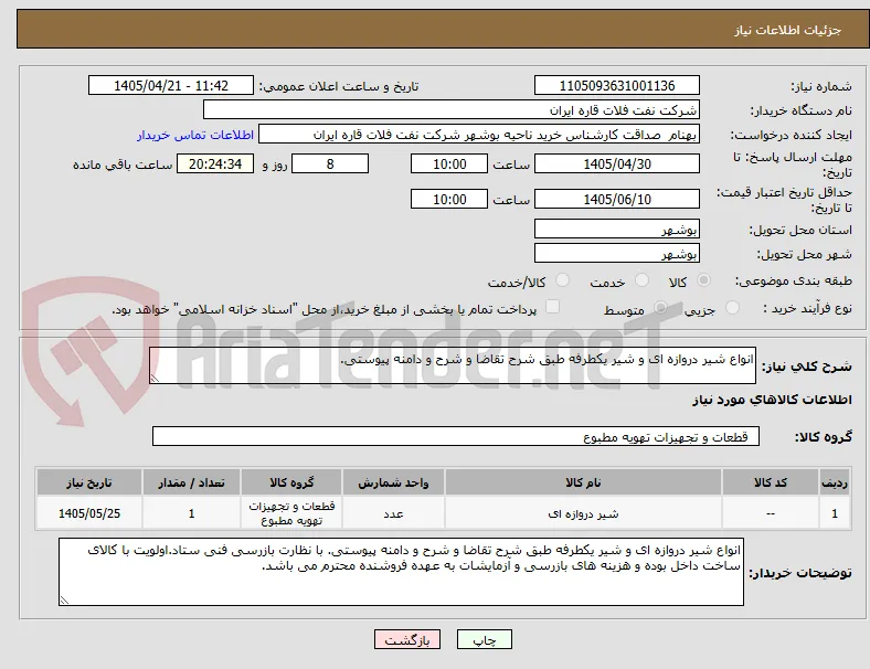انواع شیر دروازه ای و شیر یکطرفه طبق شرح تقاضا و شرح و دامنه پیوستی.