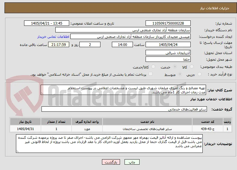 تهیه مصالح و رنگ آمیزی مبلمان شهری طبق لیست و مشخصات اعلامی در پیوست استعلام
مدت زمان اجرای کار 1ماه می باشد.
