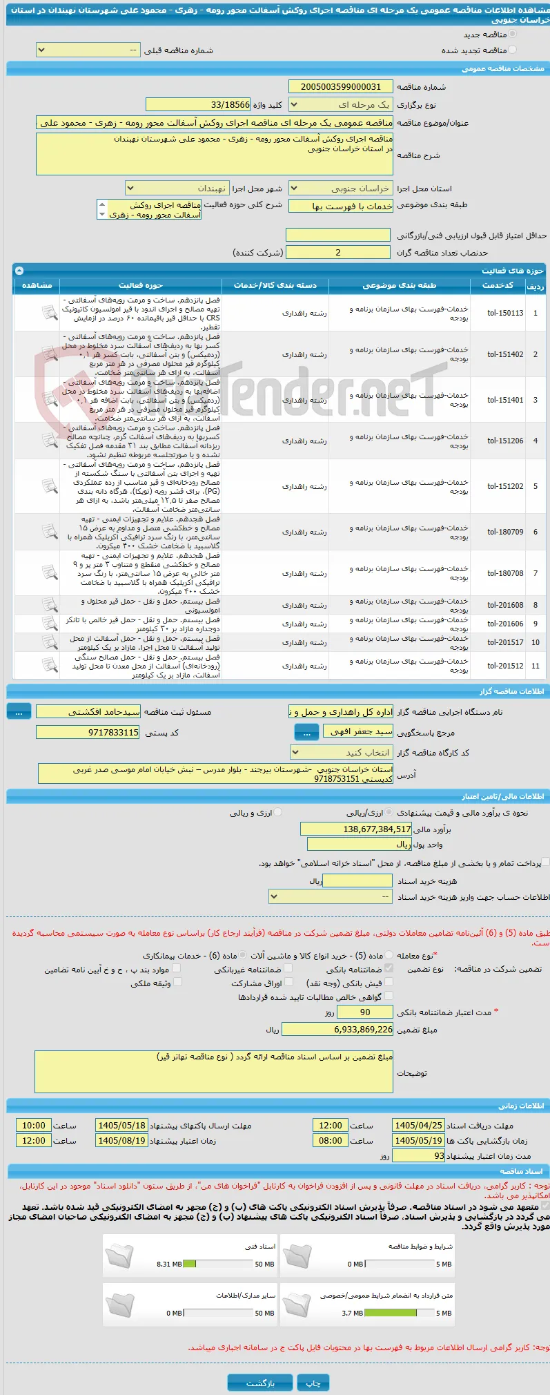 مناقصه عمومی یک مرحله ای مناقصه اجرای روکش آسفالت محور رومه - زهری - محمود علی شهرستان نهبندان  در استان خراسان جنوبی