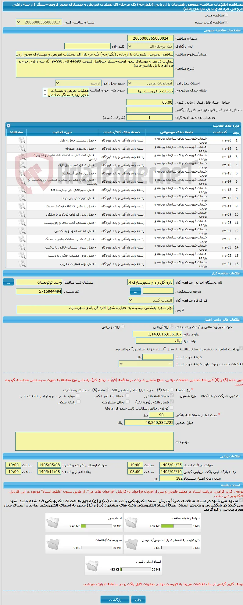 مناقصه عمومی همزمان با ارزیابی (یکپارچه) یک مرحله ای عملیات تعریض و بهسازی محور ارومیه-سنگر (از سه راهی خروجی قره آغاج تا پل باراندوزچای)
