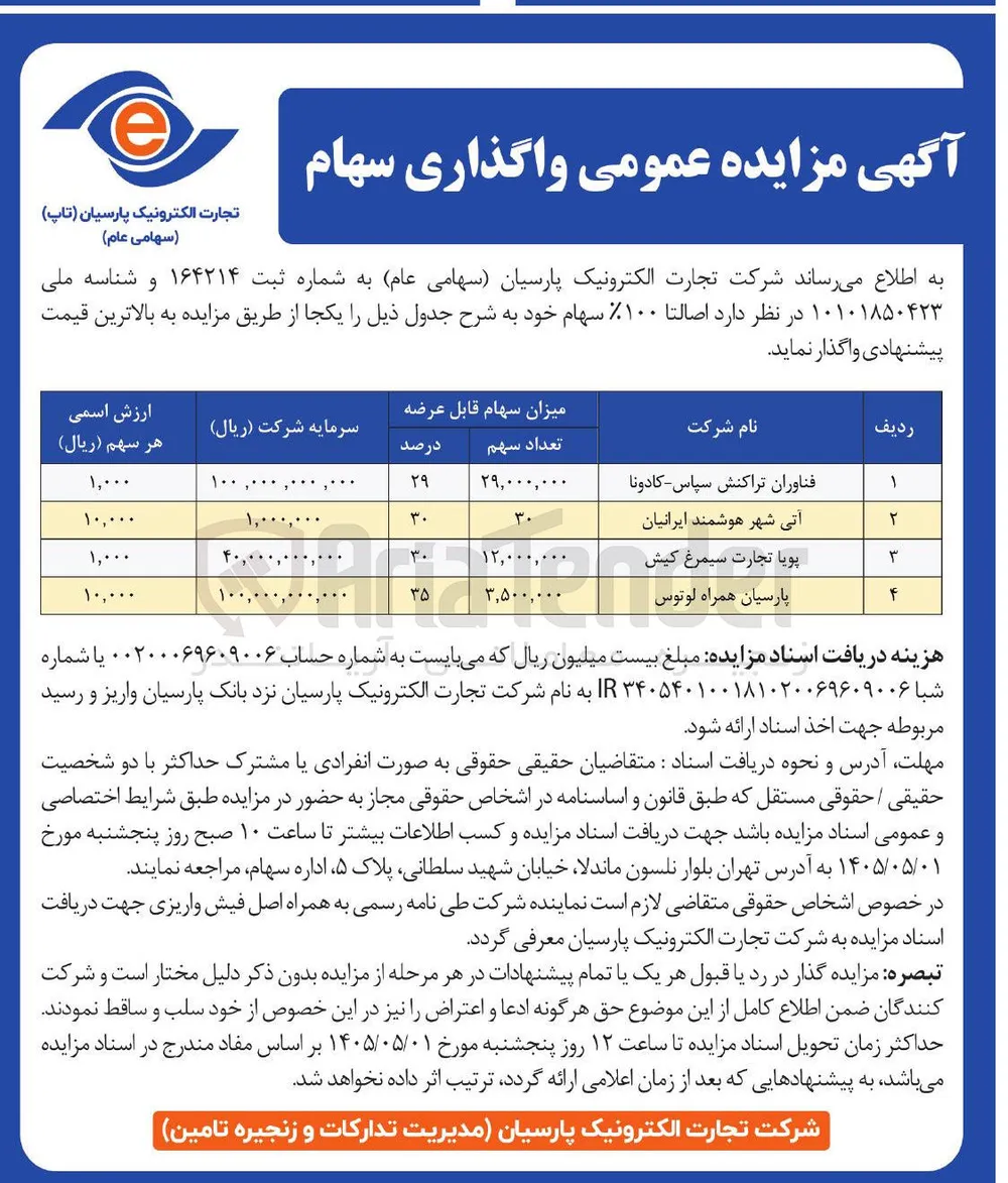 واگذاری ۱۰۰% سهام دو شرکت