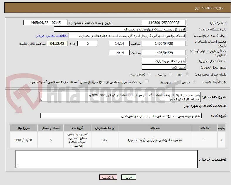 پنج عدد میز فلزی تجزیه با ابعاد 2*2 متر مربع با استفاده ار قوطی های 4*4 و 
 سطح فلزی توری ریز 