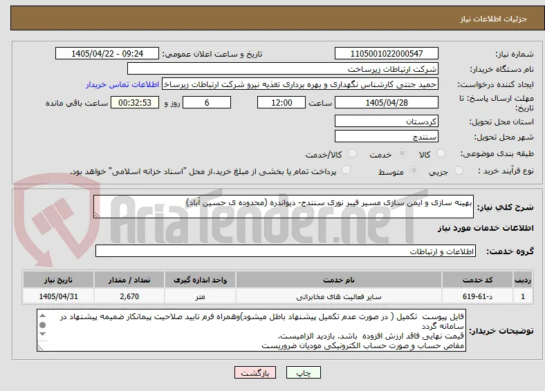 بهینه سازی و ایمن سازی مسیر فیبر نوری سنندج- دیواندره (محدوده ی حسین آباد)