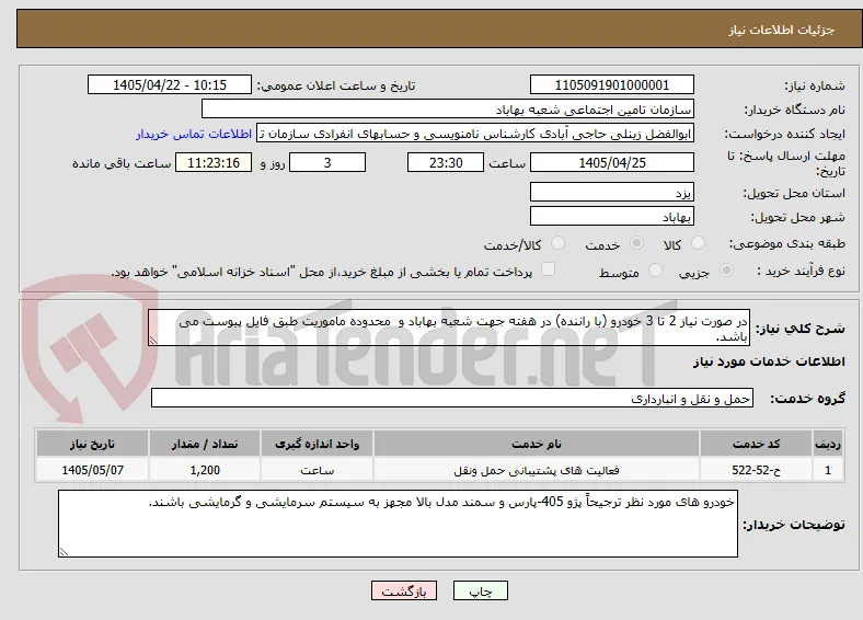 در صورت نیاز 2 تا 3 خودرو (با راننده) در هفته جهت شعبه بهاباد و  محدوده ماموریت طبق فایل پیوست می باشد.