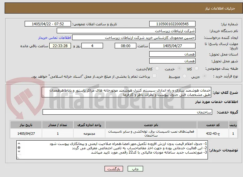 خدمات هوشمند سازی و راه اندازی سیستم کنترل هوشمند موتورخانه های مراکز پاستور و باباطاهرهمدان طبق مشخصات فنی جدول پیوست و نظرات ناظر و کارفرما