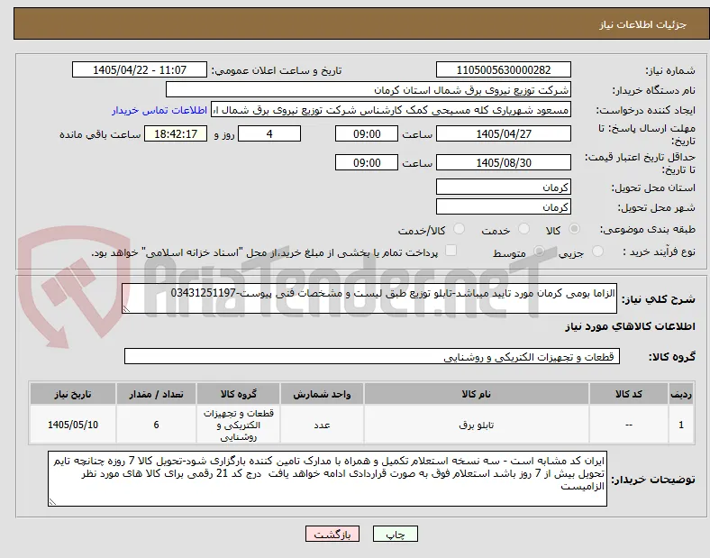 الزاما بومی کرمان مورد تایید میباشد-تابلو توزیع طبق لیست و مشخصات فنی پیوست-03431251197
