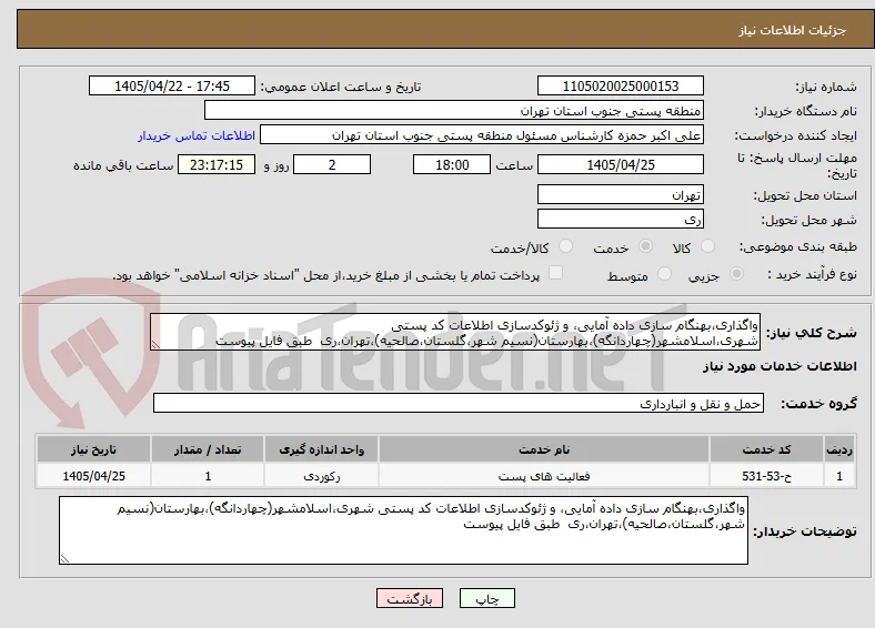 واگذاری،بهنگام سازی داده آمایی، و ژئوکدسازی اطلاعات کد پستی شهری،اسلامشهر(چهاردانگه)،بهارستان(نسیم شهر،گلستان،صالحیه)،تهران،ری  طبق فایل پیوست