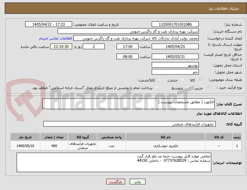 الکتورد ( مطابق مشحصات پیوست )