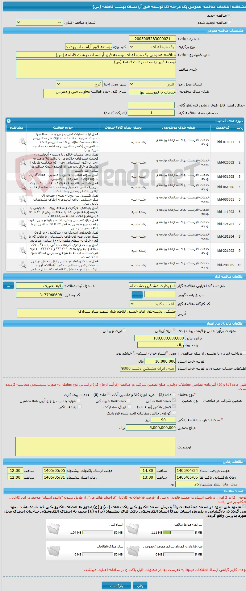 مناقصه عمومی یک مرحله ای توسعه قبور آرامسان بهشت فاطمه (س)