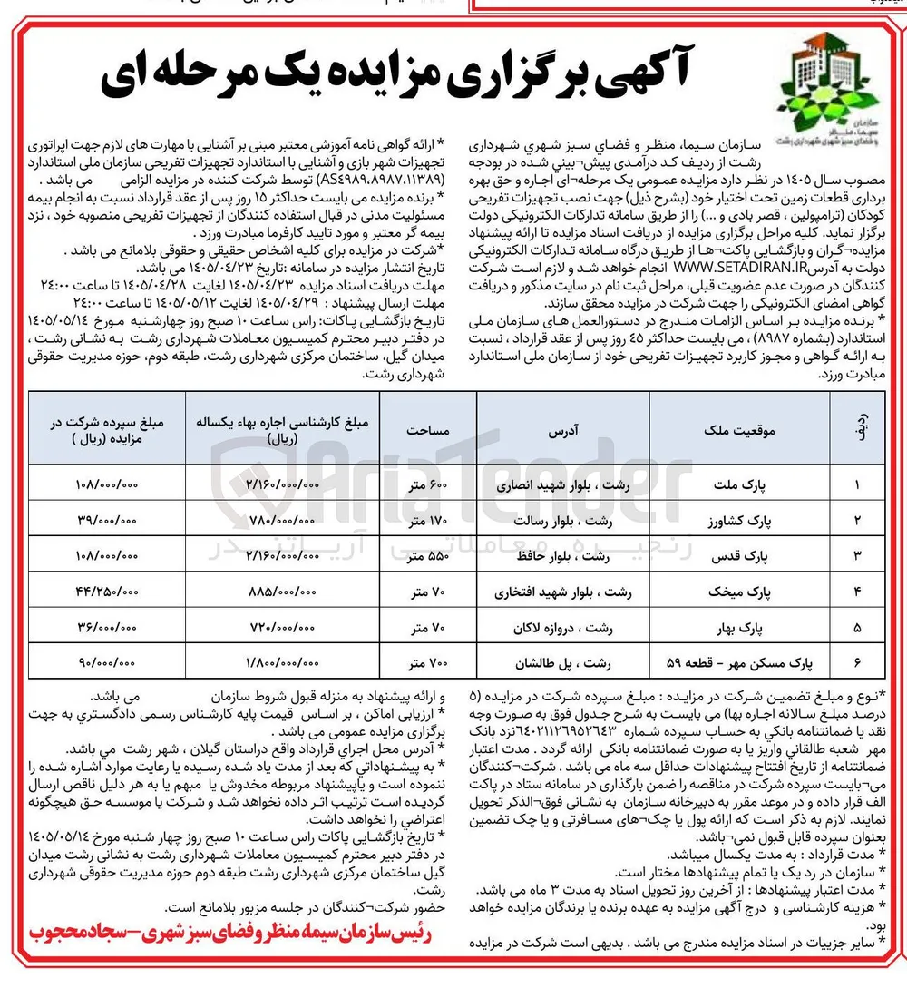  اجاره و بهره برداری از قطعات زمین جهت نصب تجهیزات تفریحی کودکان