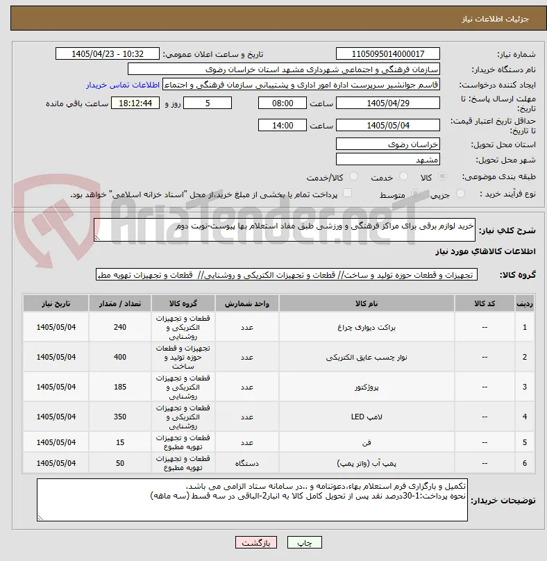 خرید لوازم برقی برای مراکز فرهنگی و ورزشی طبق مفاد استعلام بها پیوست-نوبت دوم