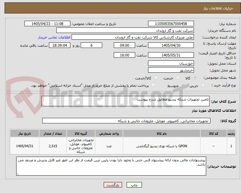 تامین تجهیزات شبکه پسیو مطابق شرح پیوست