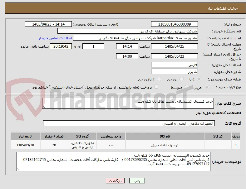 خرید کپسول اتشنشانی پست های 66 کیلو ولت