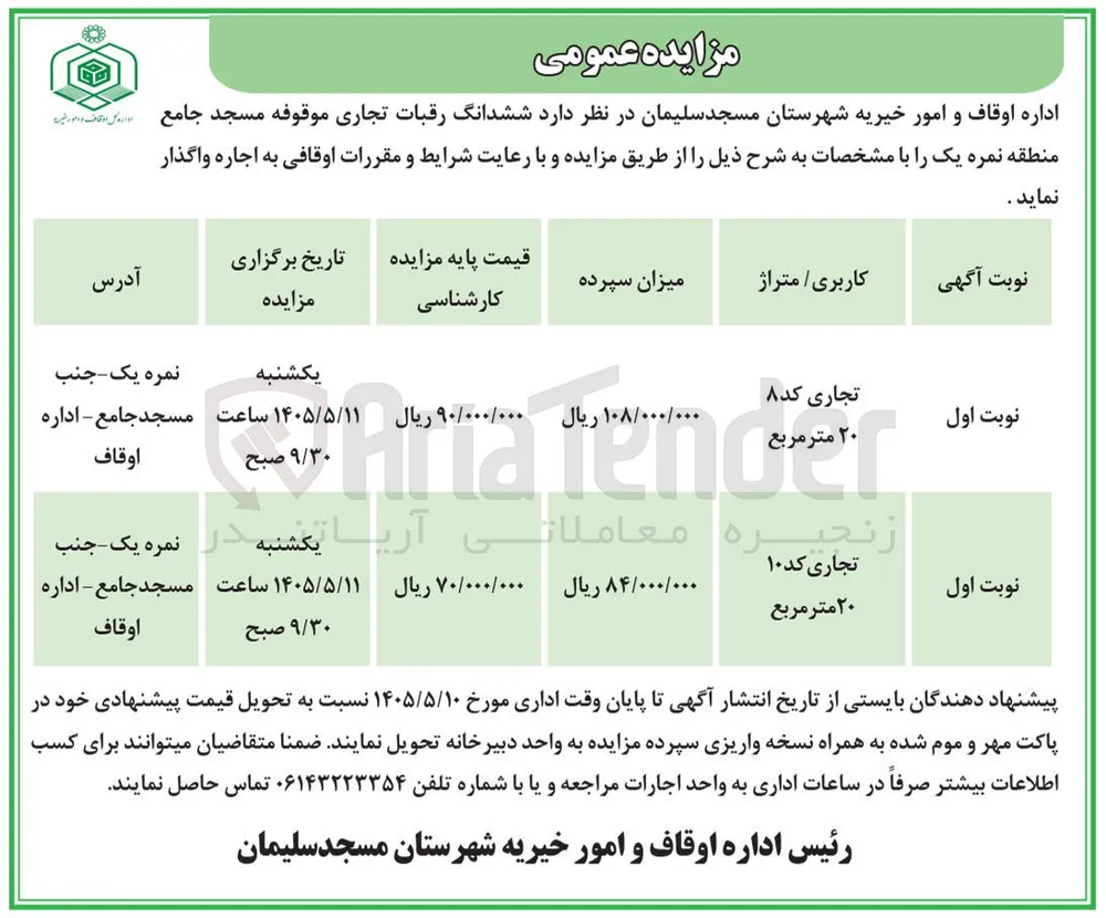 اجاره رقبات تجاری موقوفه مسجد جامع