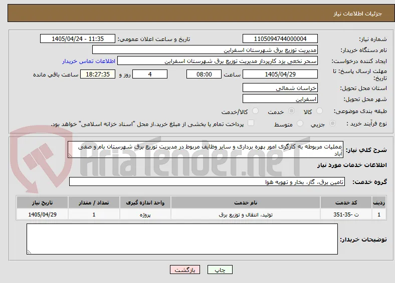 عملیات مربوطه به کارگری امور بهره برداری و سایر وظایف مربوط در مدیریت توزیع برق شهرستان بام و صفی آباد