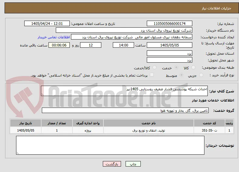احداث شبکه پوششی فشار ضعیف روستایی 1405نیر