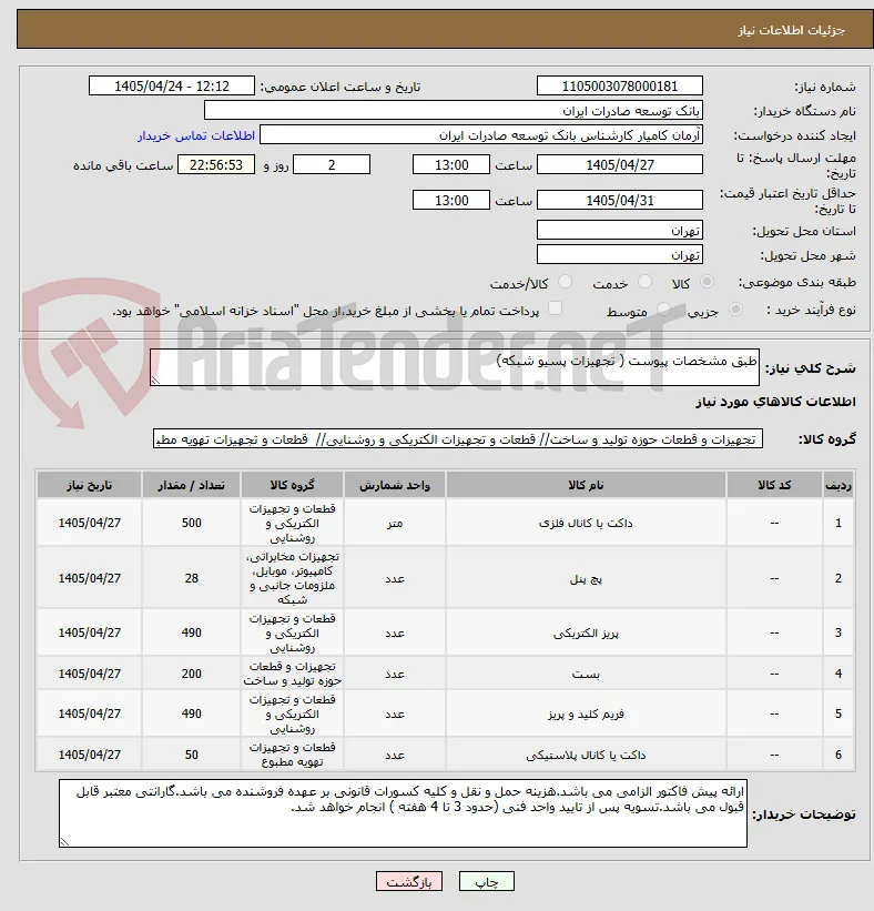 طبق مشخصات پیوست ( تجهیزات پسیو شبکه) 