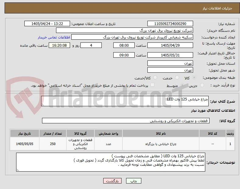 چراغ خیابانی 125 وات LED 