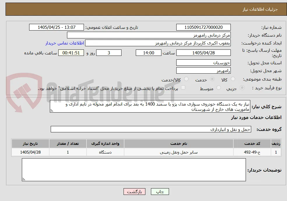 نیاز به یک دستگاه خودروی سواری مدل پژو یا سمند 1400 به بعد برای انجام امور محوله در تایم اداری و ماموریت های خارج از شهرستان